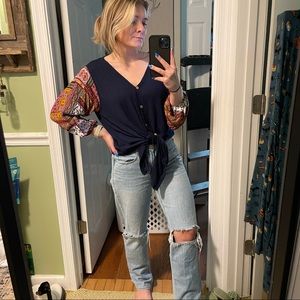 Blue Rain blouse With tie at the bottom